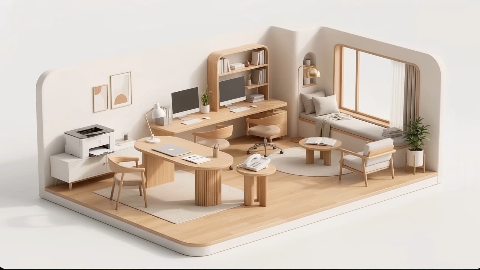 Illustration of a small, tidy office, the everyday setting for business automation: two computers, a laptop, a desk phone, a printer and a window seat.