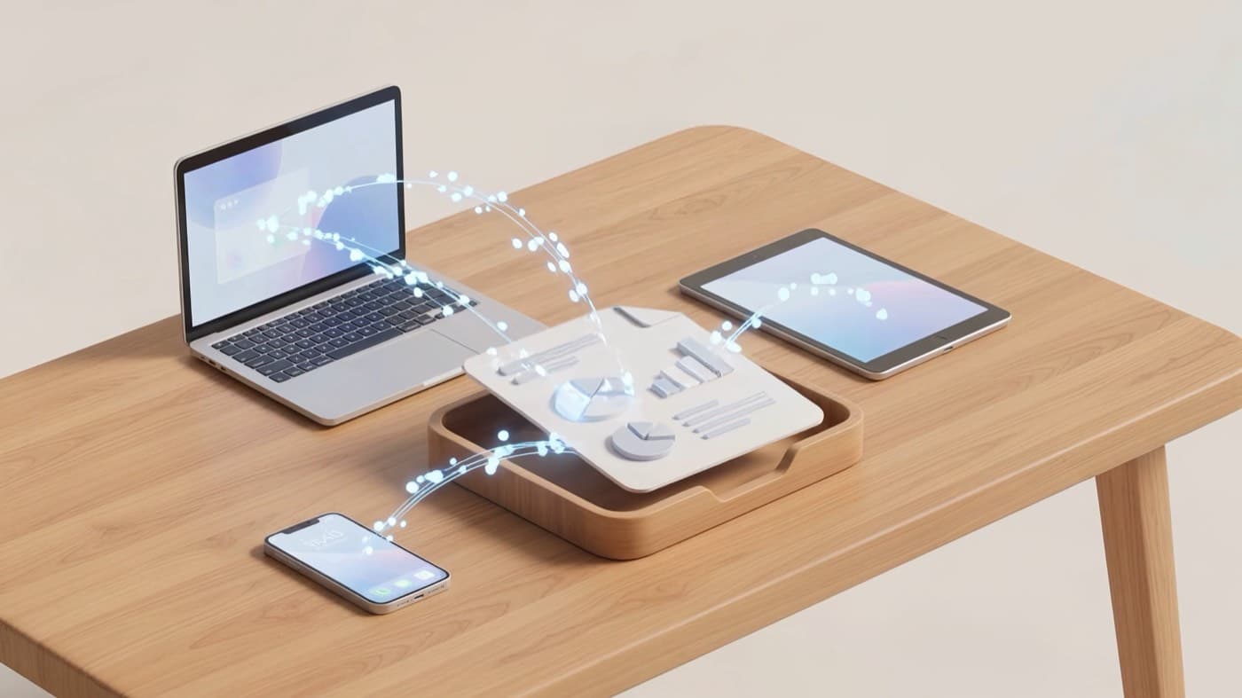 An illustrated wooden desk where a laptop, a tablet and a phone send their work into one tray