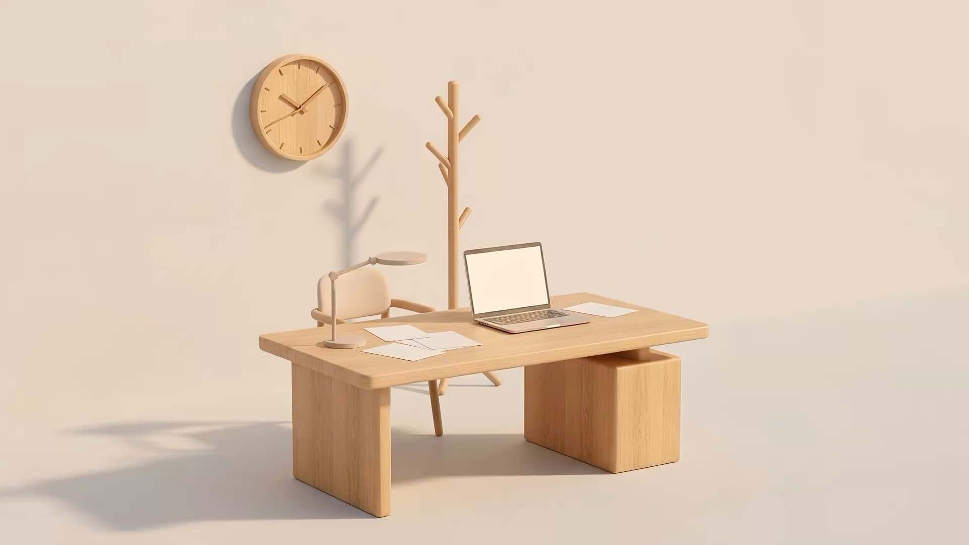 An illustrated wooden desk with a laptop, papers and a lamp under a wall clock