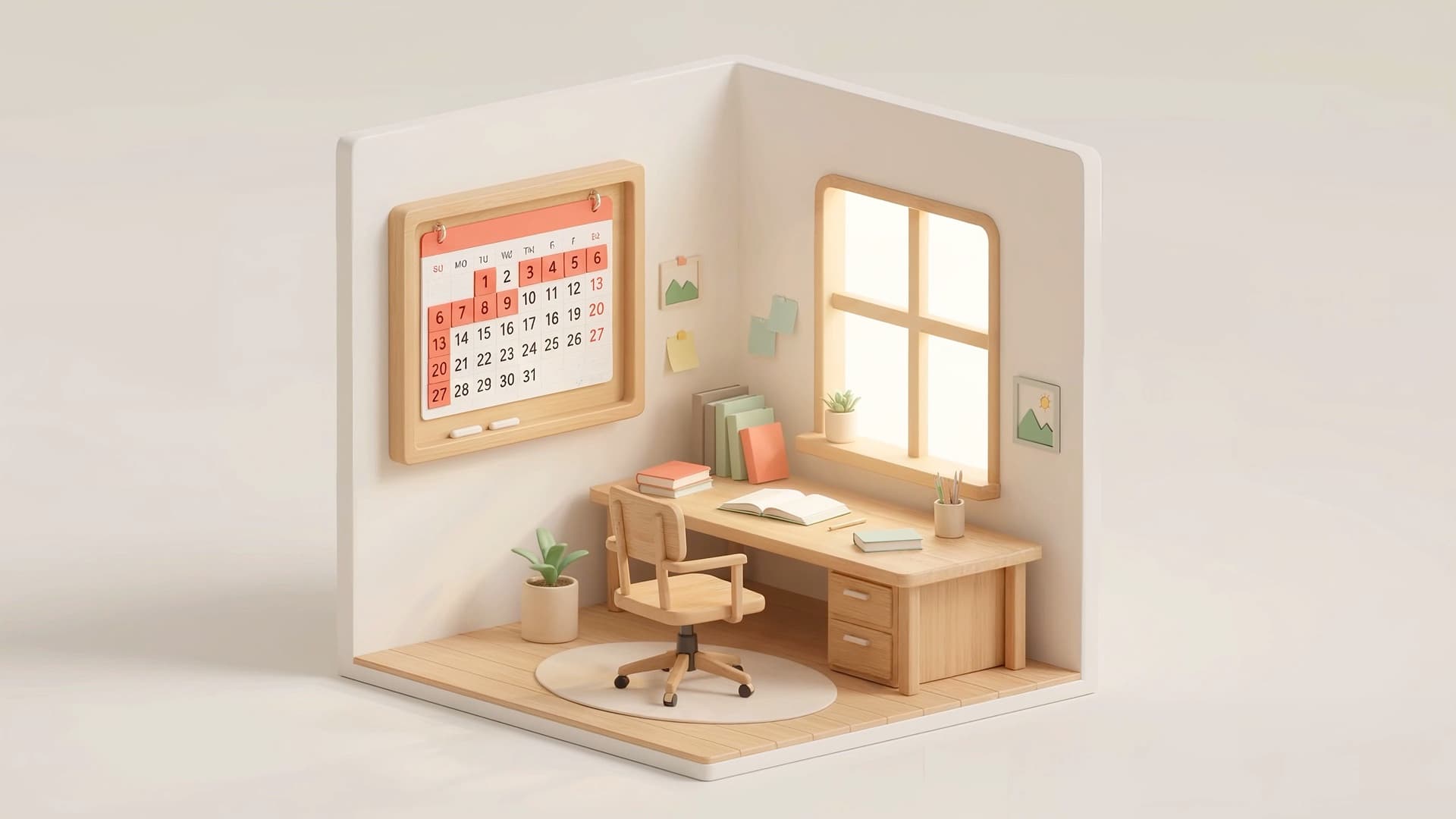 A tidy study with a wall calendar full of marked days above a wooden desk beside a window, for Vertex Strategies, a business automation agency