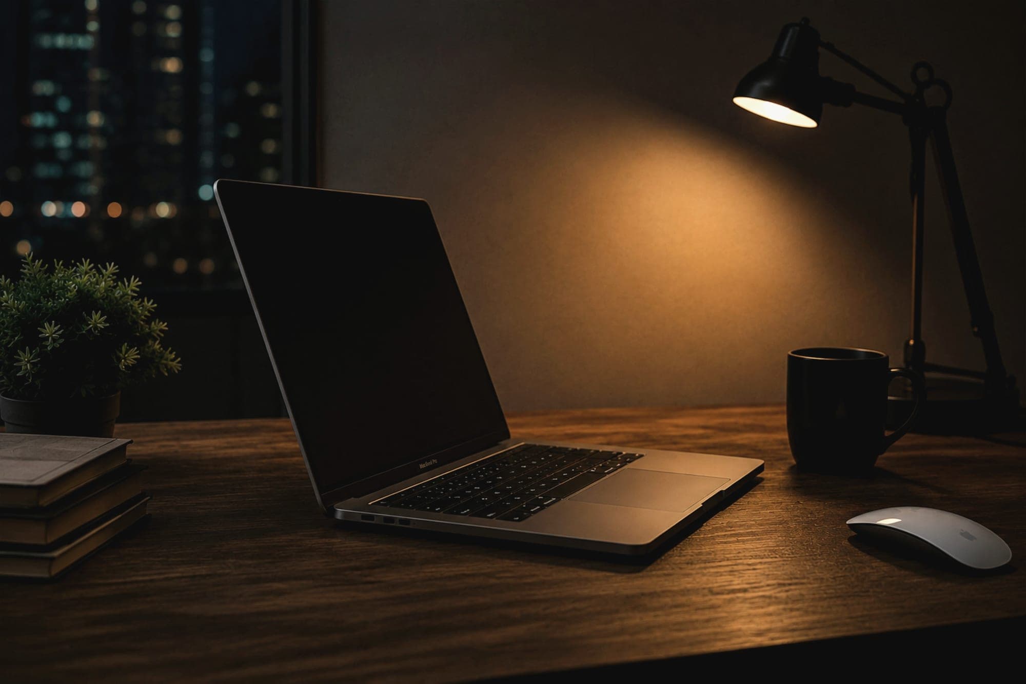 An open laptop under a desk lamp at night, city lights in the window behind it.
