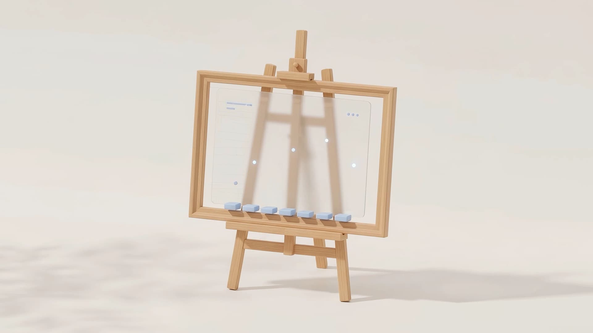 An illustrated wooden easel holding a framed plan