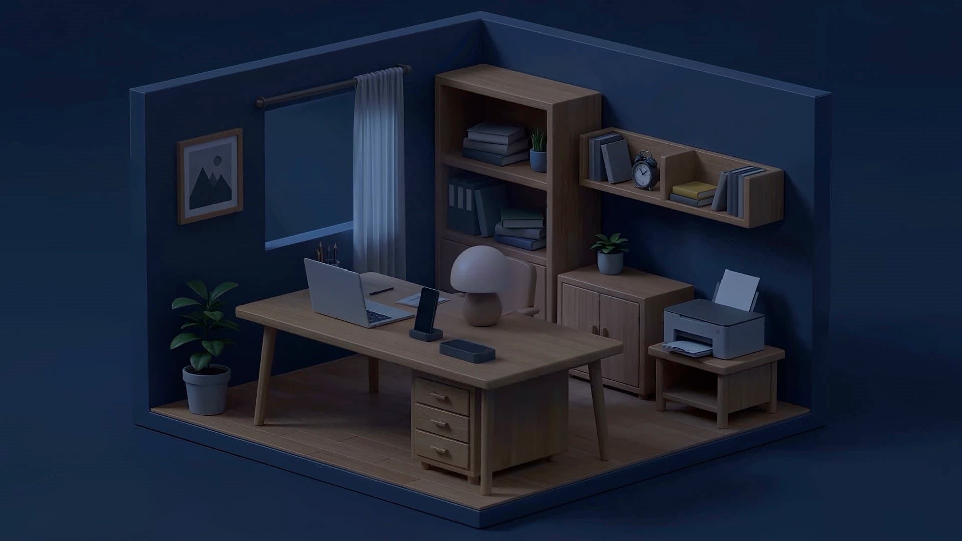 An empty office after dark, laptop open and paper in the printer: routine desk work that workflow automation services take on.