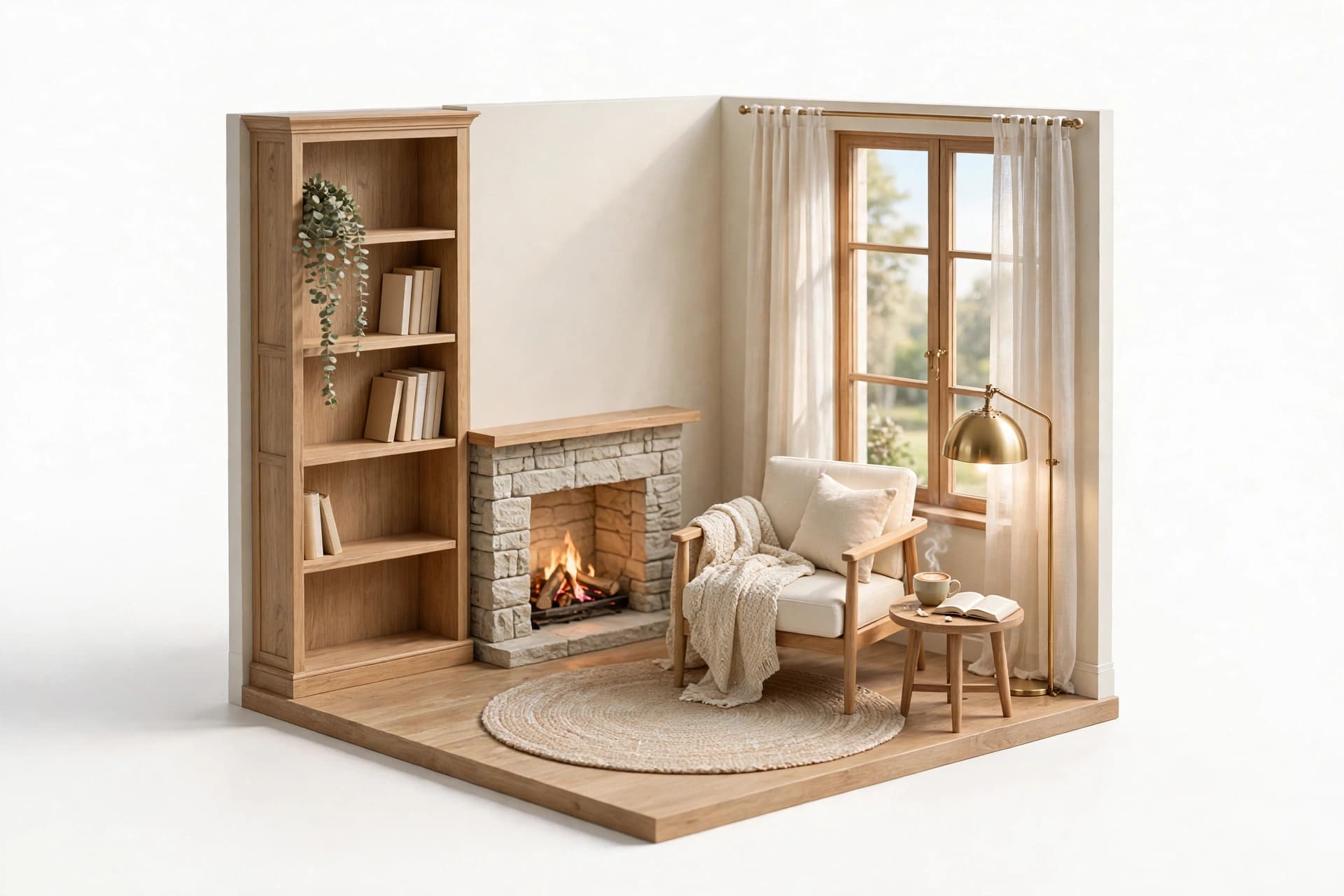 An illustrated reading room with a bookcase, a fire in a stone hearth and an armchair by a sunlit window