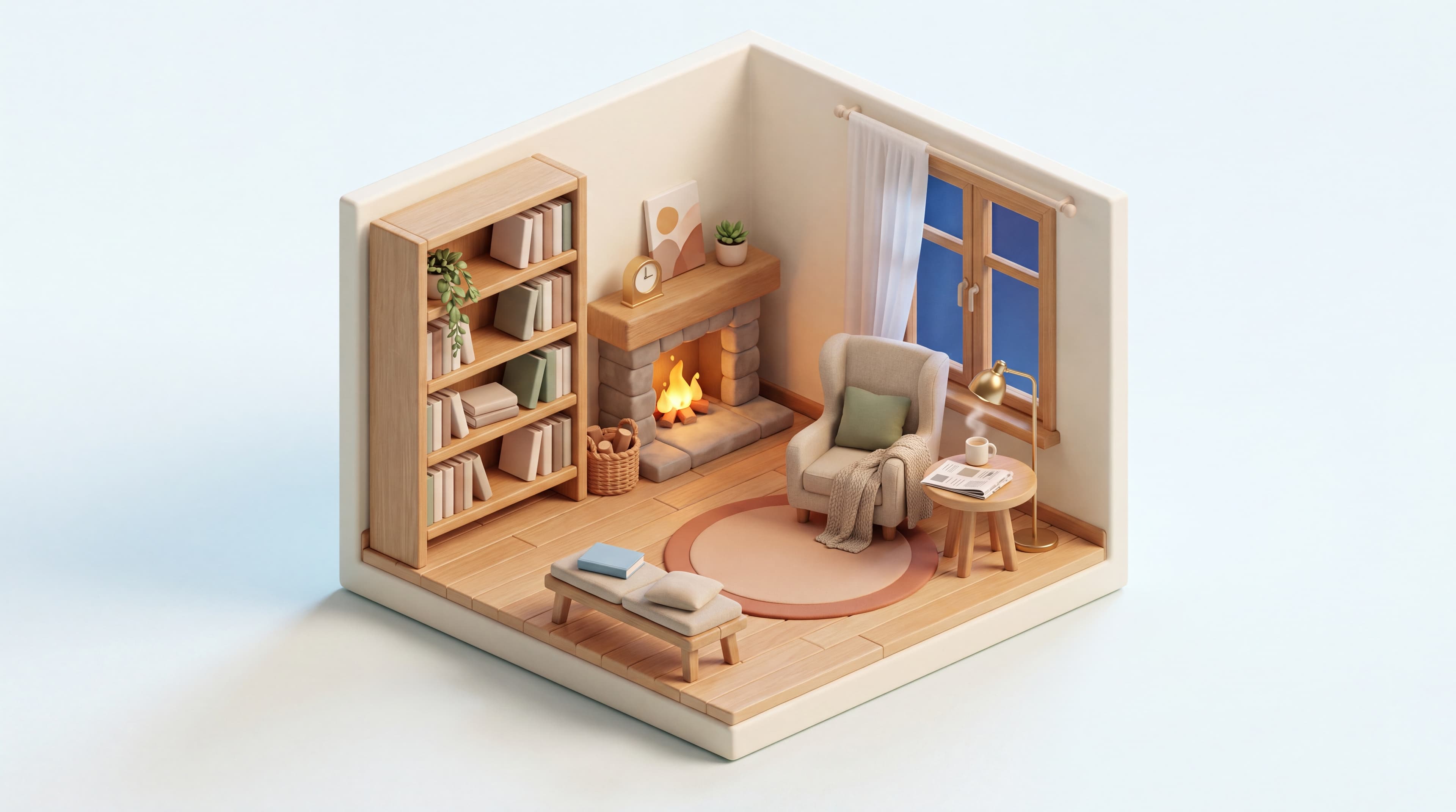Illustrated reading room with a bookshelf, a lit fireplace and an armchair by the window, the cover picture for our finance automation page